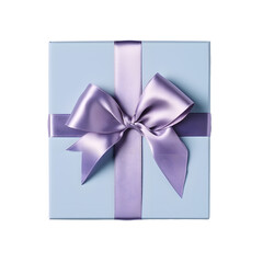 Top view of blue gift box with purple bow and ribbon without background