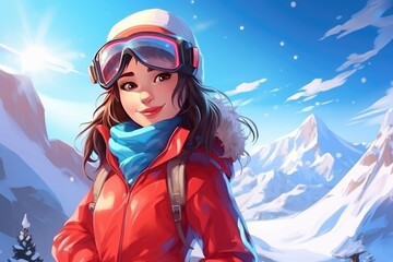 a snowboarder girl on the background of snowy mountains illustration