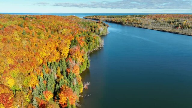 Aerial of maple trees turning their beautiful fall colors along a river in Michigan.