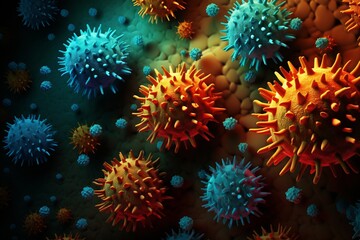 Fototapeta premium Virus Cells in Cellular Environment. Illustration Unveiling Dynamic Interactions of Viral Entities