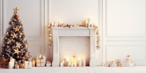 Christmas decoration on white chimney in living room with tree, wreath, candles, stars, light. Copy...