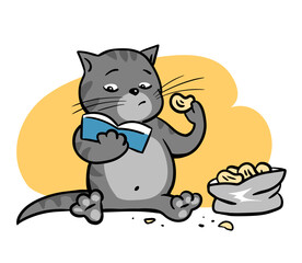 Tabby cat reads a book and eats chips. Cartoon vector illustration. Hand drawn line