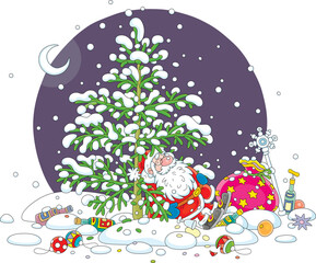 Slightly drunk Santa Claus sleeping under a snowy fir tree among empty wine bottles after a fun and noisy party on the winter festive night, vector cartoon illustration