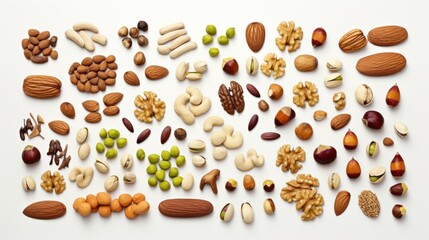  a variety of nuts and nutshells laid out on a white surface, including almonds, pistachios, cashews, almonds, almonds, and more.