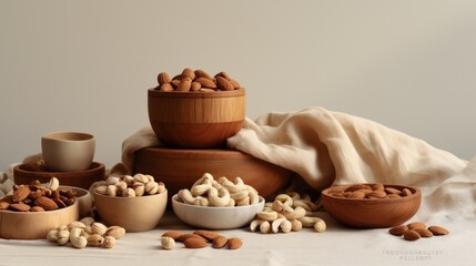  a pile of nuts sitting on top of a table next to a bowl of nuts and a cup of coffee.
