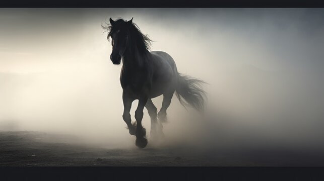  a black and white photo of a horse running through a foggy field with it's tail blowing in the wind.