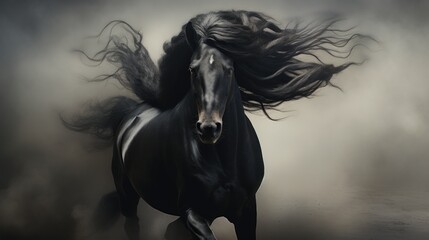  a black horse is galloping through the air with its hair blowing in the wind in front of a black background. - obrazy, fototapety, plakaty