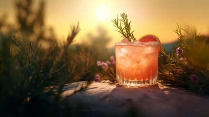 A refreshing drink with grapefruit juice and a sprig of rosemary