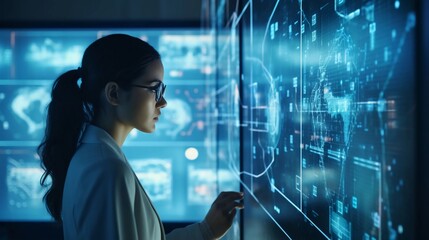 Businesswoman uses AI through digital screens in the office to help her analyze data or generate virtual images and use big data and operate machines or information in cyber systems