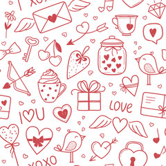 Seamless pattern with love elements in doodle style. Valentines day romantic background with hearts