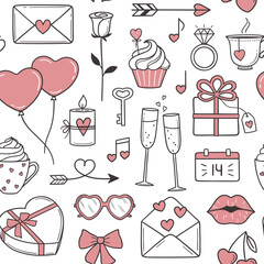 Valentines day seamless pattern. Romantic background with hearts, love and romantic date elements in doodle style