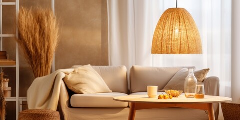Eco-style apartment with minimal interior, trendy straw lamp.