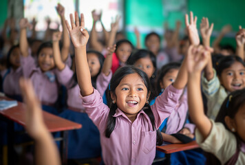 Fototapeta premium children are raising their hands in a classroom