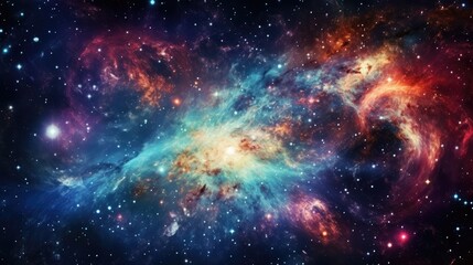 Fototapeta na wymiar Vivid space background with swirling galaxies, stars, and ample copy space for text