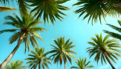 Tall royal palm trees looking up from below against bright blue tropical sky, summer background, vintage style, travel concept 