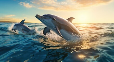 dolphin and dolphins swimming in the ocean with sun out