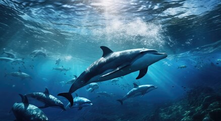 dolphin and dolphins swimming in the ocean with sun out