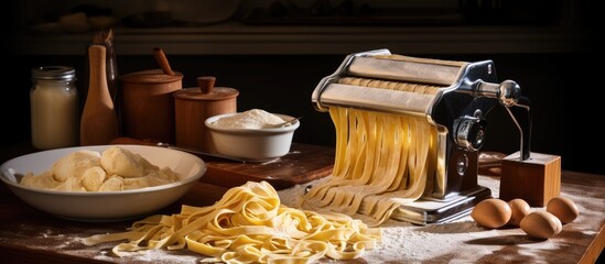 Using a classic pasta maker to create tagliatelle.