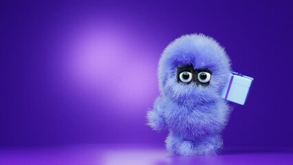 Cute character is dancing with a gift box. 3D animation of a hairy character on a background. Modern creative minimalist store holiday sale design. Modern advertising banner. Endless