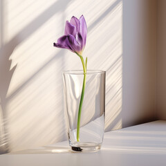 a very long violet tulip in a glass