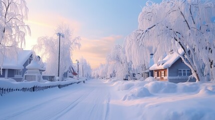 Beautiful snow scape. The village is covered in heavy snow, The bungalows and trees are covered by thick snow. Snowflakes dance in the reflected yellow light of street lamps. heavy snowfall continues 