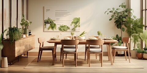 Modern home decor with a stylish botany-inspired dining room, featuring a design craft wooden table, chairs, ample plants, window, map poster, and elegant accessories.