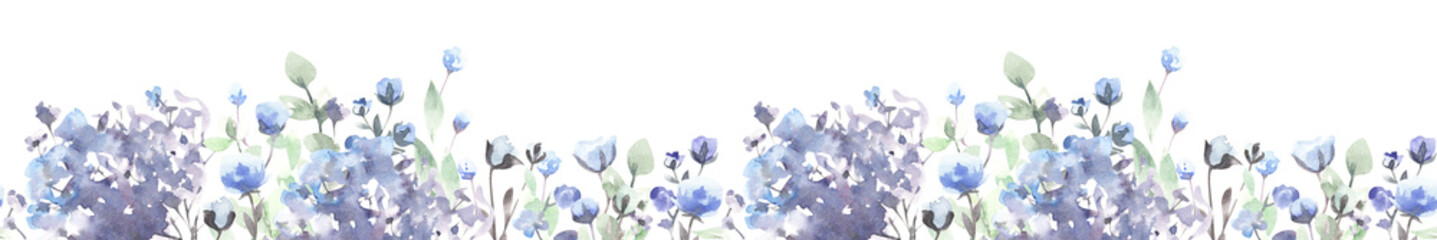 seamless border of blue watercolor flowers on a transparent background