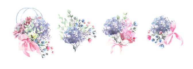 bouquets of watercolor flowers and decorative bows