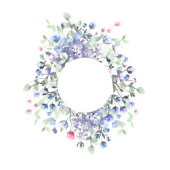 Frame of watercolor small flowers on a transparent background