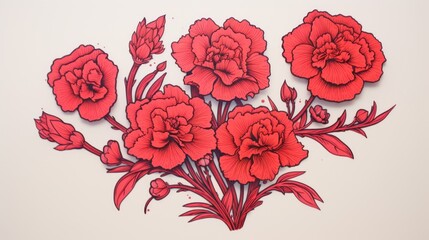  a bunch of red flowers sitting on top of a white table next to a vase with red flowers on it.
