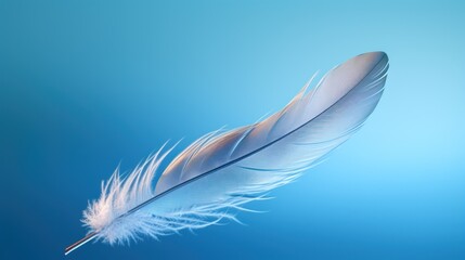  a white feather floating in the air on top of a blue background with a blue sky in the back ground.