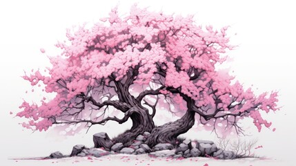  a painting of a pink tree with rocks in the foreground and pink flowers on the top of the tree.