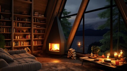 Cabin interior design with fireplace, bookcase and beautiful forest view, night
