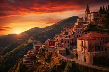 Italian city sunset hills. Historic italian village. Generate Ai