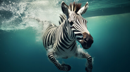 Zebra jump into a water. Underwater photography. Animal dive into the Depths. Beauty of wild nature. Hunting. - obrazy, fototapety, plakaty