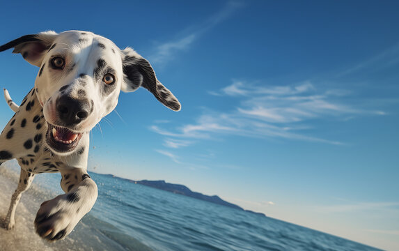 Un chien de race dalmatien courant sur une plage