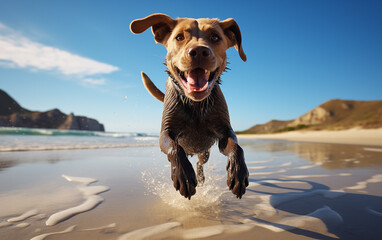 Un chien de race labrador retriever courant sur une plage
