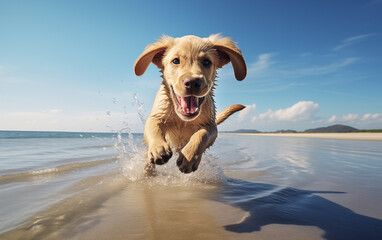 Un chien de race labrador retriever courant sur une plage