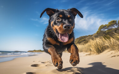Un chien de race rottweiler courant sur une plage