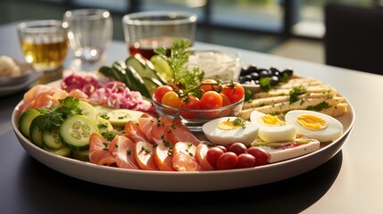  a plate of food with hard boiled eggs, tomatoes, cucumbers, lettuce, and other vegetables.
