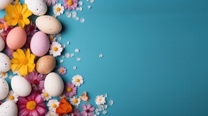 Fototapeta na wymiar Vibrant background with eggs, flowers, and ample copy space