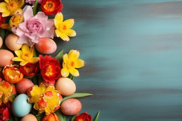 Vibrant background with eggs, flowers, and ample copy space