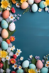 Fototapeta na wymiar Colorful Easter background adorned with vibrant eggs, blossoms, and spacious copy area