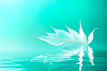 White transparent leaf on mirror surface with reflection on turquoise background macro. Artistic image of ship in water of lake. Dreamy image nature,