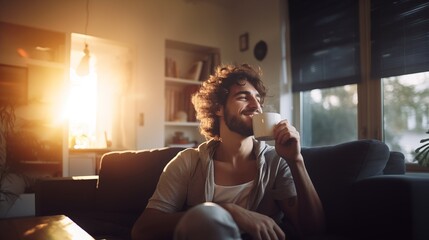 Young handsome man in great mood recovery process at home on sunny day drinking hot medicine drink as a medical treatment for healthcare or morning coffee for breakfast - obrazy, fototapety, plakaty