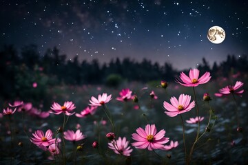 Obraz na płótnie Canvas Romantic night scene - Beautiful pink flower blossom in garden with night skies and full moon. cosmos flower in night