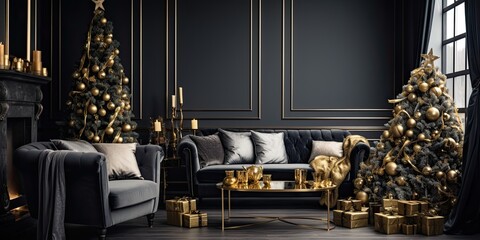 Luxurious living room with dark tone adorned with festive Christmas decorations.