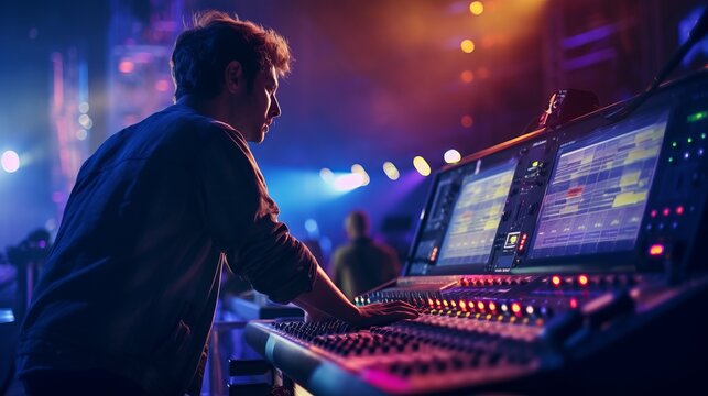 Man behind the sound mixer. The art of sound engineering in live performance