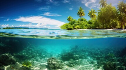 Fototapeta na wymiar A vivid travel vacation background with lush greenery, crystal-clear waters