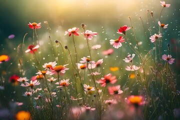 A dreamy scene of wildflowers in a summer meadow, swaying gently in the breeze, their vibrant colors and delicate petals creating a serene and natural backdrop.